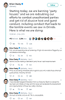 Brian Chesky, Co-Founder and CEO of Airbnb, announced on Twitter that Airbnb would ban “party houses” in response to a shooting at an Airbnb rental on Halloween night in Orinda, California.